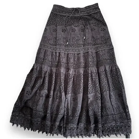 Melissa Odabash Alessia Black Eyelet Tiered
Maxi Skirt Sz M/L Black Cottagecore - Picture 2 of 7